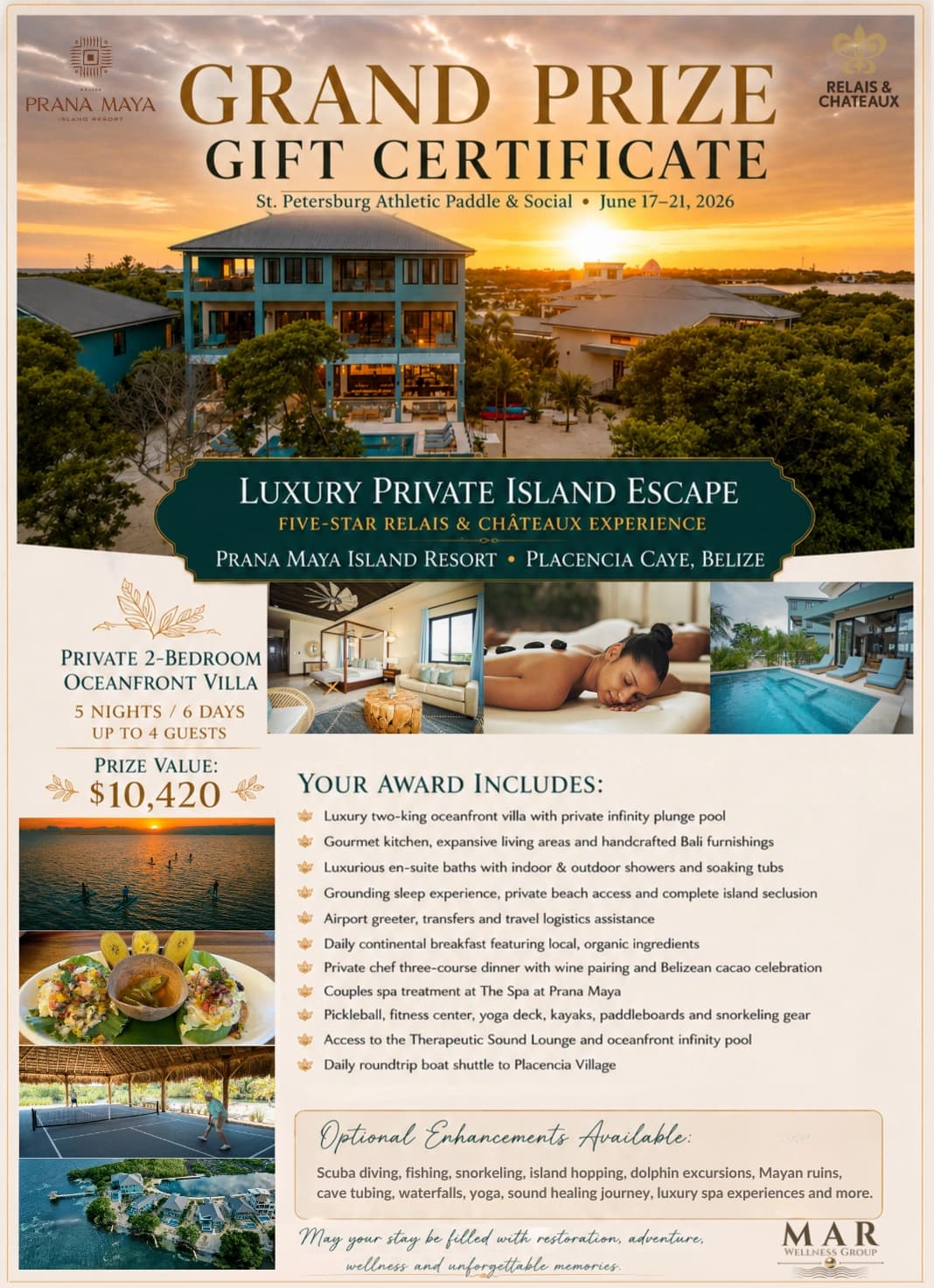 A promotional flyer for a luxury prize including a private island escape at Prana Maya Island Resort in Belize, featuring a two-bedroom villa and various amenities.