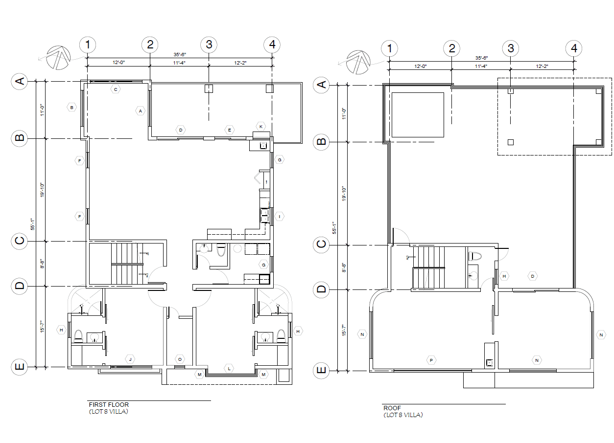 Blueprints of a two-story villa, displaying the first floor on the left and the roof plan on the right.