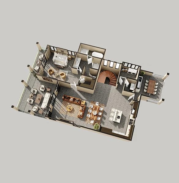 3D floor plan of a modern home layout featuring a living room, dining area, kitchen, and multiple rooms.
