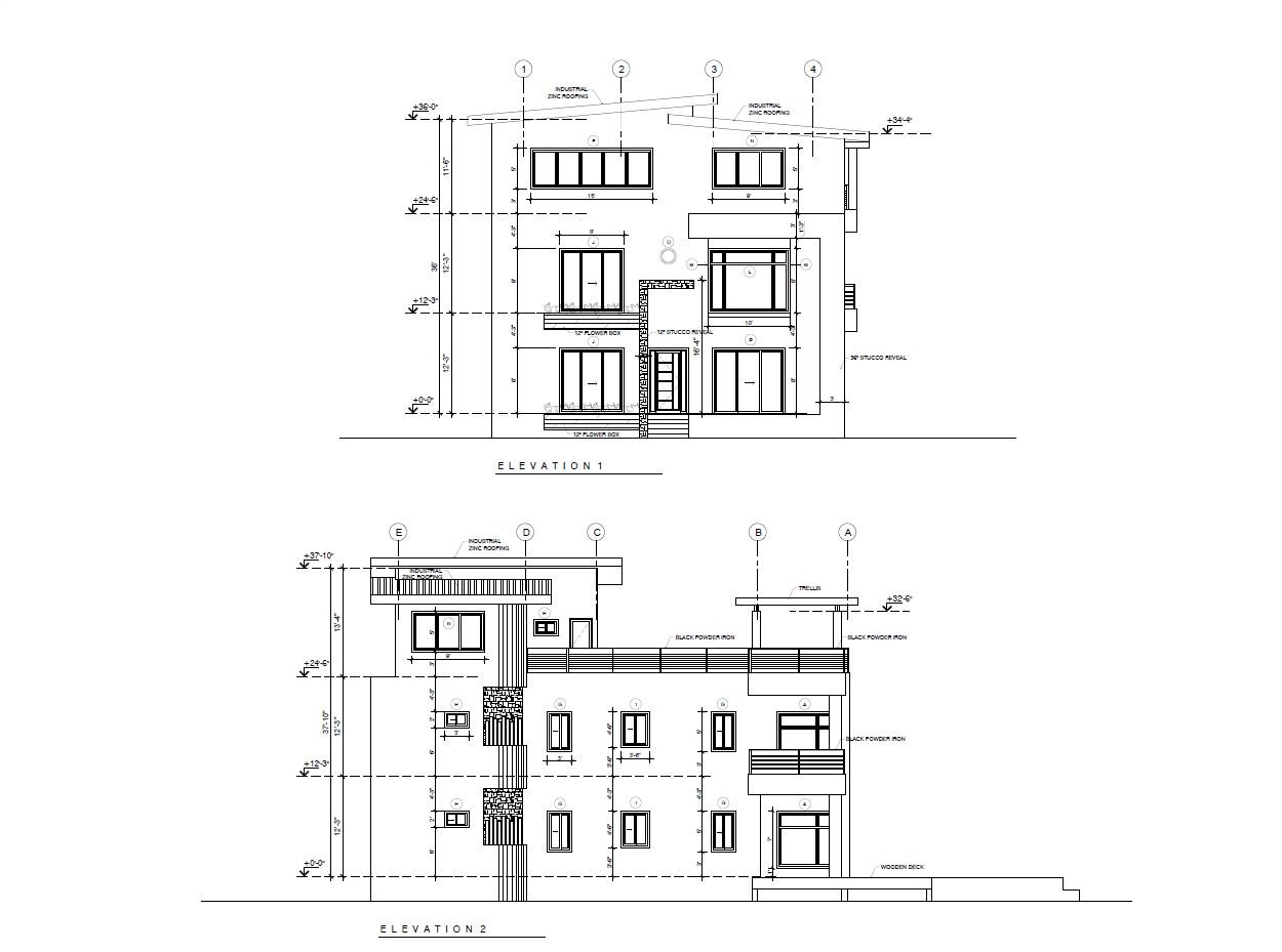 Architectural elevation drawing of a two-story building with detailed measurements and window placements.