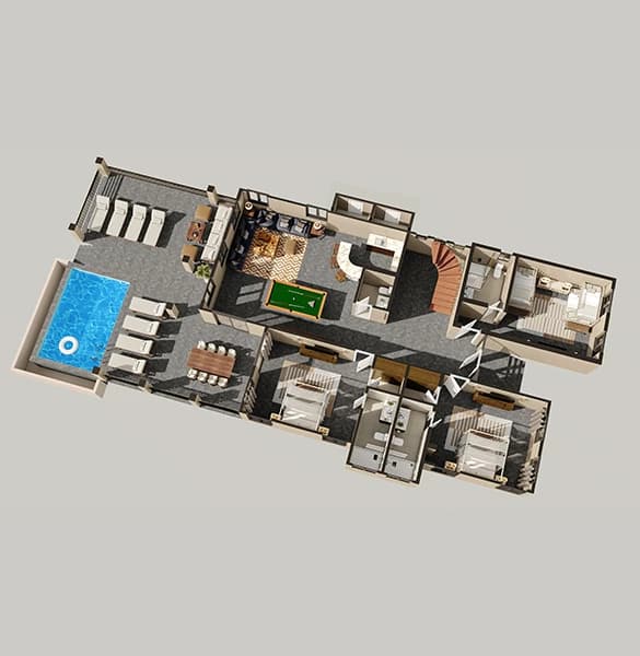 3D layout of a residence featuring a pool, living area, and multiple bedrooms.