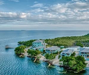 Aerial view of coastal houses surrounded by water and greenery under a cloudy sky.