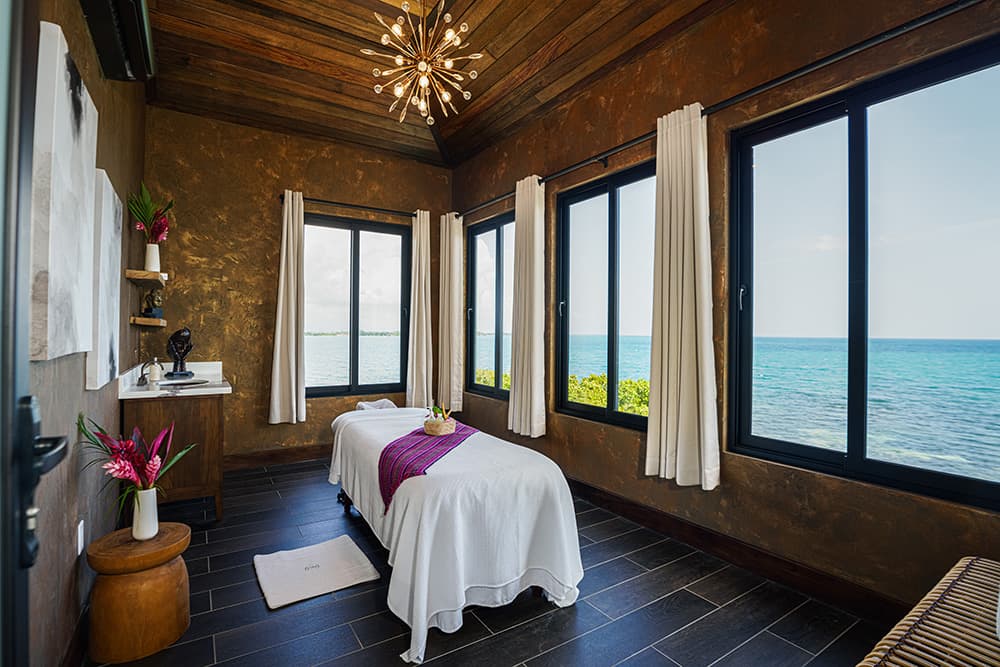 A serene spa room with a massage table, large windows overlooking the ocean, and elegant decor.