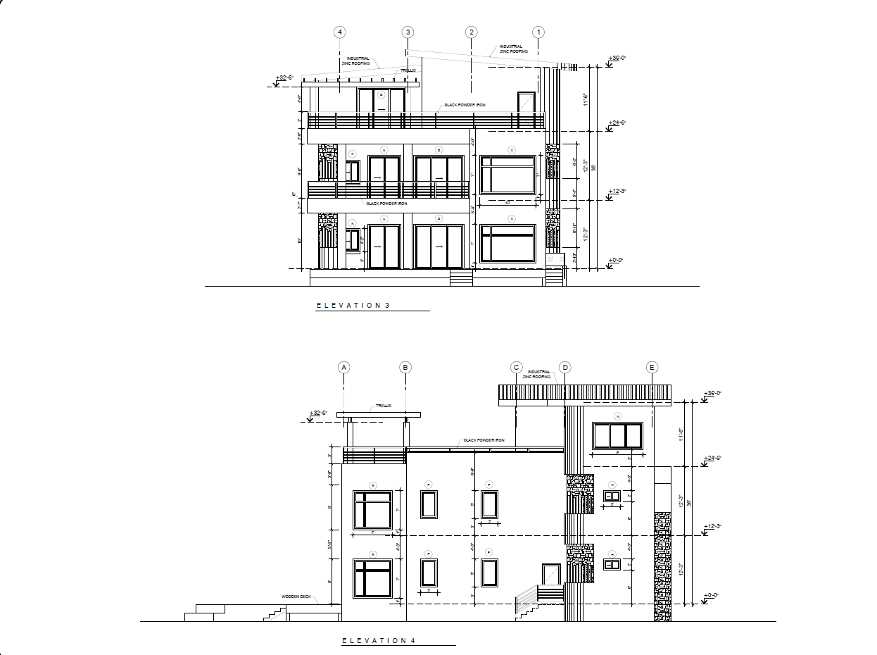 Architectural elevation drawings of a two-story building, showing front and side views with measurements.