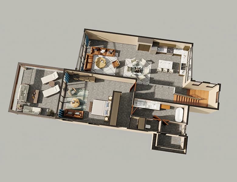 3D floor plan of a modern apartment featuring living areas, kitchen, and bedrooms.