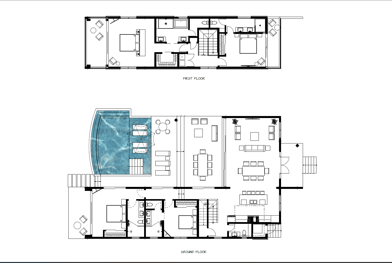 Architectural floor plan featuring a first floor and garden floor layout, including a swimming pool.