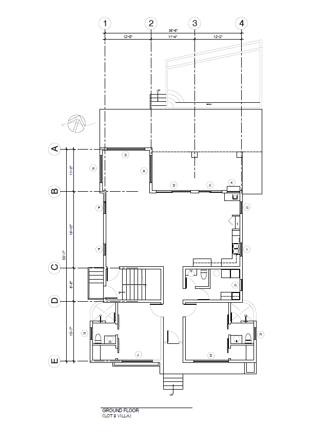 Architectural floor plan for a ground-level villa layout, featuring labeled rooms and measurements.