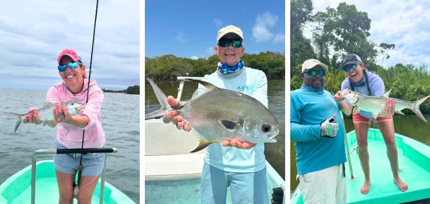 A collage of anglers holding their catch while fly fishing the flats near Placencia, Belize.
