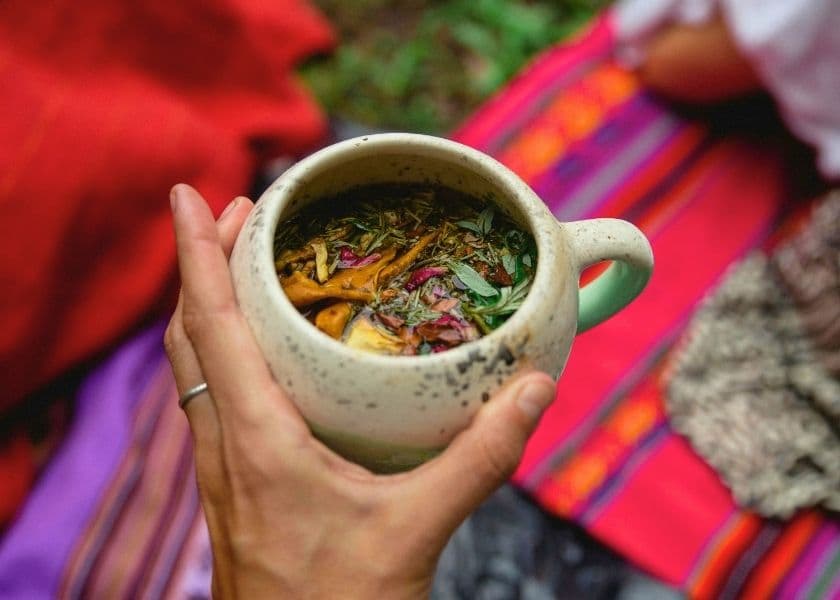 Hand holding a ceramic mug filled with herbal tea over a colorful woven blanket.