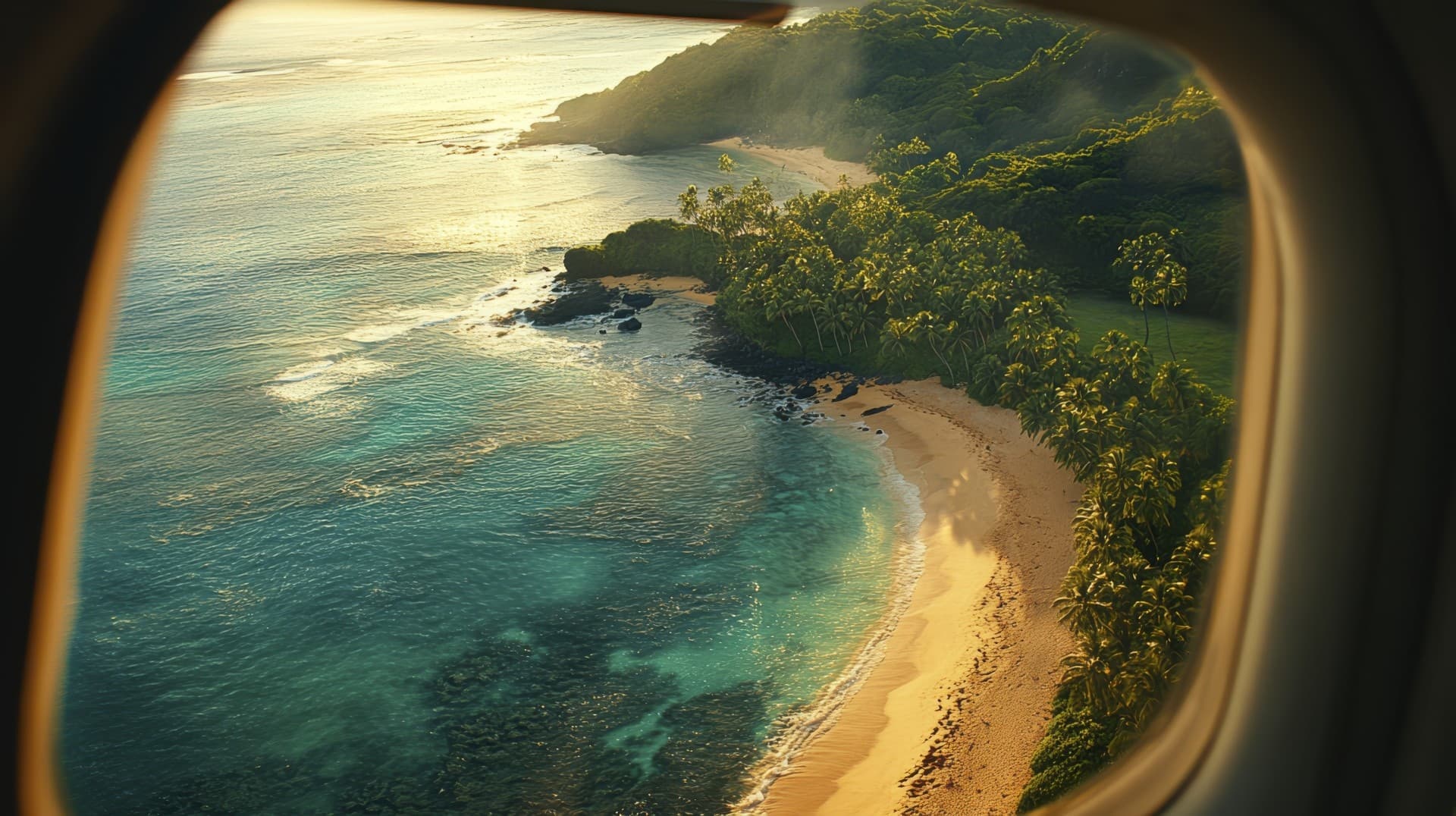 Aerial view through a plane window of a serene tropical beach with golden sand, lush green palm trees, and turquoise ocean, bathed in golden sunlight.
